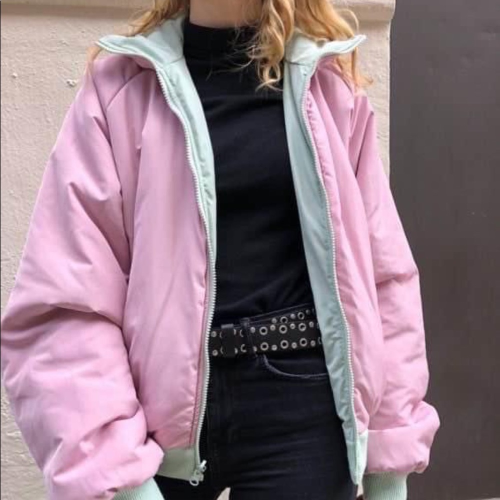 Brandy Melville Faith Puffer Reversible Pink and Sage Green